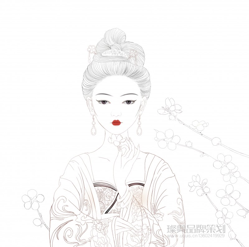 优粹诗宫廷护肤品人物插画线稿图